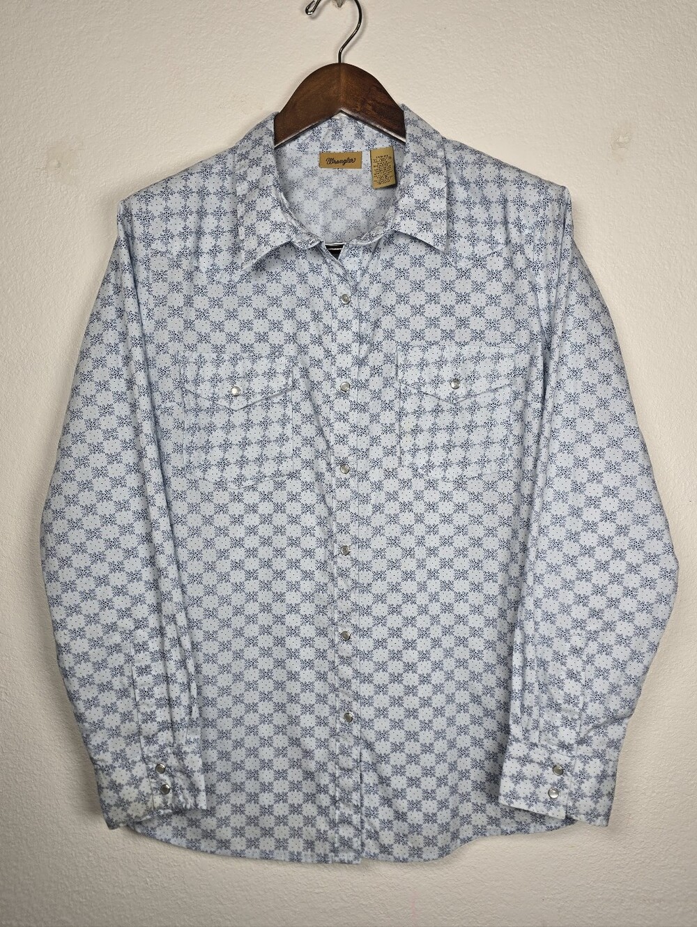 Wrangler Women's XL Pearl Snap Western Shirt Blue White Geometric Calico Print